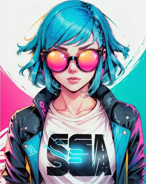 by Bruno Ferreira, a woman with blue hair and yellow glasses on her face and a pink background neon blue hair wearing a black jacket, white t - shirt with the word SEGA <lora:pop_art_dataset-11:.6>