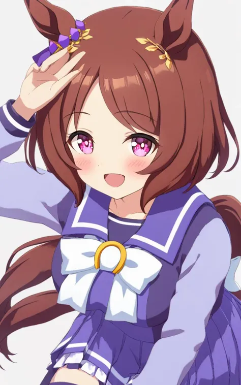 anime girl with long brown hair and purple dress holding her head