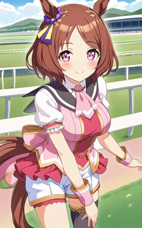 1girl, SakuraLaurel <lora:sdxl-um-sakura:0.6> kuudere, horse girl, horse ears, horse tail, shiny hair, light brown hair, pixie cut, center parted bangs, pinkred eyes, symbol in eye, hair ornament, medium breasts, skindentation +++ multicolored wear, puffy ...