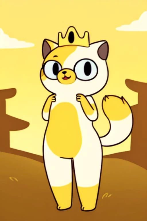 cartoon cat with a crown on its head standing in a field