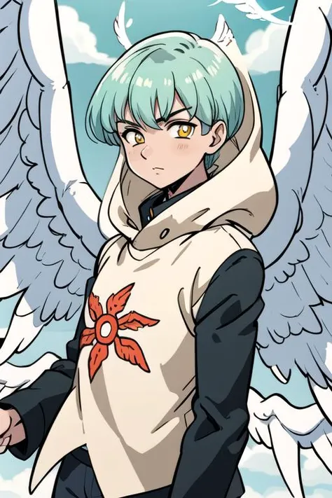 masterpiece, best quality, ultra-detailed, illustration, 1boy, solo, male focus, looking at viewer, upper body, , <lora:sariel_nanatsu_no_taizai:0.72>, sariel_nanatsu_no_taizai, , angel wings, hood, gakuran