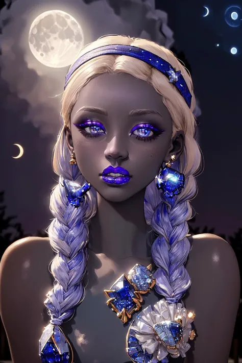 (moonlit sapphire skin color:1.8),
1girl,(pastel purple braided headband:1.3),(wearing a beauty blender or makeup sponge:1.3),