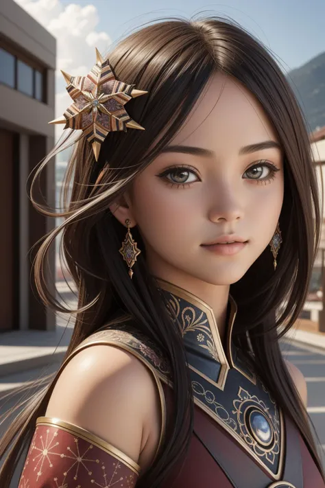 1girl, detailed Pencil painting, masterpiece, close-up shot of a Superficial Interesting Burgundy Tribal ([Sponge:Snowflake:4]:1.3) , it is in a Sci-Fi setting, it is engraved with Bronze and Robotic patterns, Tang Dynasty background, desolate city street ...