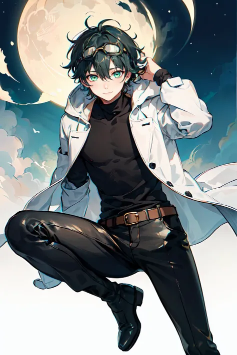 <lora:houkisei-style_168512:0.8>  (1boy:1.2),, ultra detailed, masterpiece, best quality, aesthetic, detailed,, ultra detailed, masterpiece, best quality, solo, smile, 1boy, green eyes, short hair, black hair, bangs, hair between eyes, messy hair, (goggles...