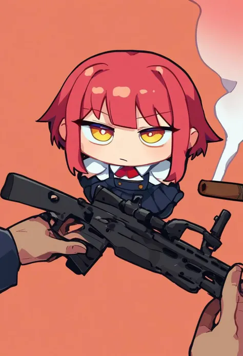 score_9, score_8_up, score_7_up, break
godoacrime, 1girl, chibi, pov, hand, holding gun, assault rifle, smoking cigar, cigarette...