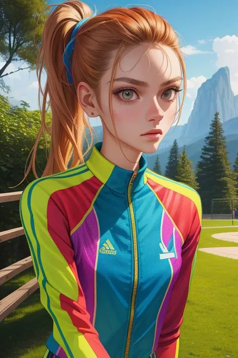 high resolution photoshoot of pretty skinny female (detailed face) wearing athletic outfit absurdres masterpiece scenic park background sharp focus hdr colorful skin texture