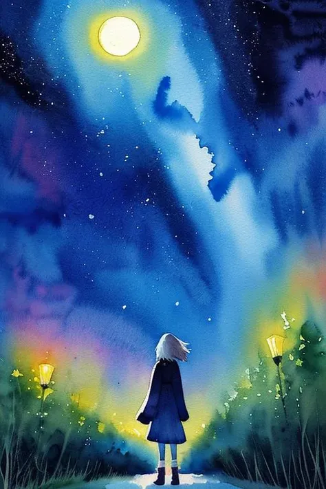woman, watercolor, nighttime, outdoors, artsy