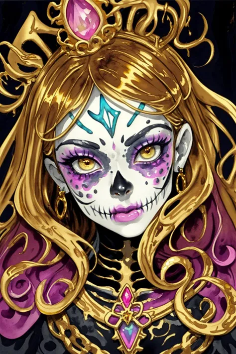 watercolor, (day of the dead), skeleton face paint, ornate jewelry, gems, ornate gold, magical eyes, closeup, face jewelry, ((color split)), ((metallic gold hair)), jewels, long hair, ((ink wash painting)), abstract, molten gold, gold lips, pink accents, [...