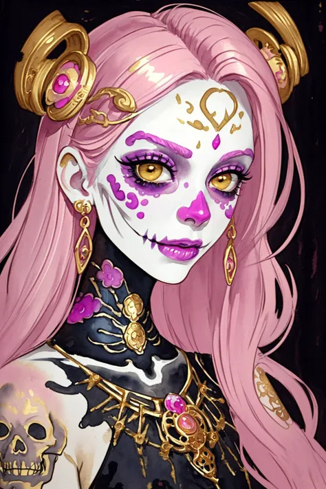 watercolor, day of the dead, skeleton face paint, ornate jewelry, gems, gold, closeup, face jewelry, pink hair, pink lips, ((gold ornate bindi)), jewels, long hair, ((ink wash painting)), abstract, bleeding colors, pastel