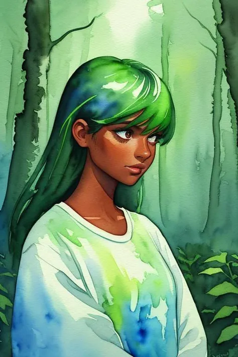 woman, ((watercolor)), nighttime, outdoors, artsy, forest, green hair, tanned skin