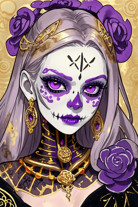 watercolor, day of the dead, skeleton face paint, ornate jewelry, gems, gold, closeup, face jewelry, purple lips, ((gold ornate bindi)), jewels, long hair, ((ink wash painting)), abstract, bleeding colors, pastel