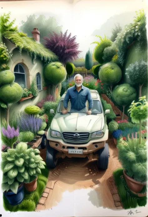 painting of a man sitting in a car in a garden