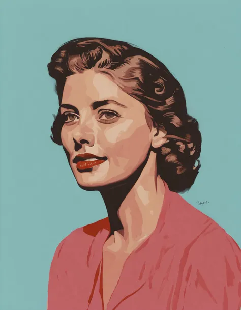 a painting of a woman in a pink shirt and red lipstick