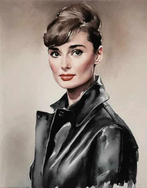 watercolor painting of audrey hepburn wearing a leather jacket