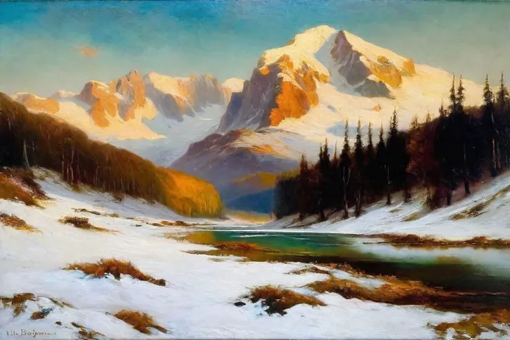 painting of a mountain scene with a lake and snow covered mountains