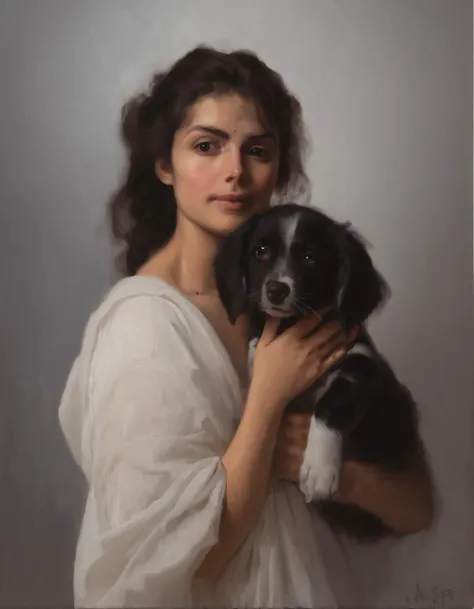 a painting of a woman holding a dog in her arms