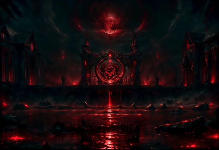 a dark red image of a demonic castle with a red light