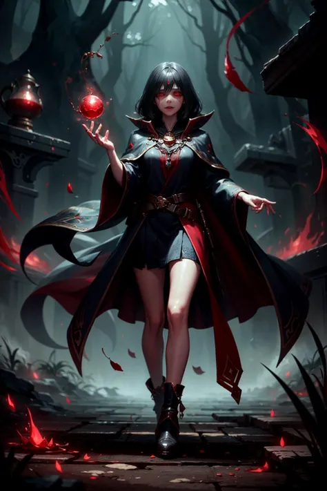 <lora:BloodMagic-20:0.8>, bloodmagic, magical energy, fantasy, Spellweaver Cape and Mystic Robe with Train and Druidic Leaf Sandals and Seeress Ankle Boots and Enchanted Amulet and Magicians Illusion-Dispelling Goggles