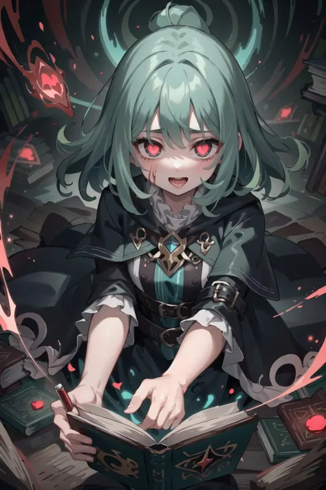 a girl with green hair and a black cape sitting on a chair reading a book