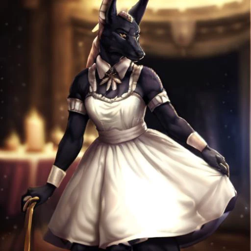 realistic, highly  detailed, masterpiece, best quality, absurdres, volumetric lighting, atmospheric effects, bokeh, shallow depth of field, dim romantic lighting, rich interior, luxury,
 <lora:anubis:0.7> anubis, female, solo,
 <lora:Maid_Dress:0.7> Maid_D...