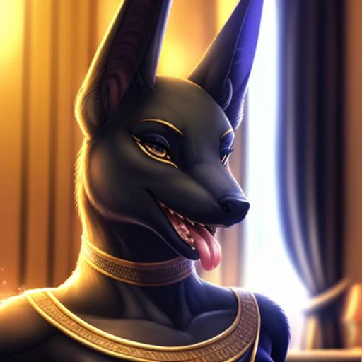 realistic, highly  detailed, masterpiece, best quality, absurdres, volumetric lighting, atmospheric effects, bokeh, shallow depth of field, dim romantic lighting, rich interior, luxury,
 <lora:anubis:0.7> anubis, female, solo,
 <lora:bigBoobs:0.8> black bi...