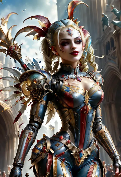 score_9, score_8_up, score_7_up, score_6_up, score_5_up, score_4_up, beautiful gorgeous harley quinn as an armored warrior, bril...