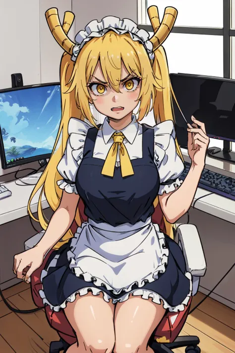 a cartoon image of a woman in a maid outfit sitting in a chair