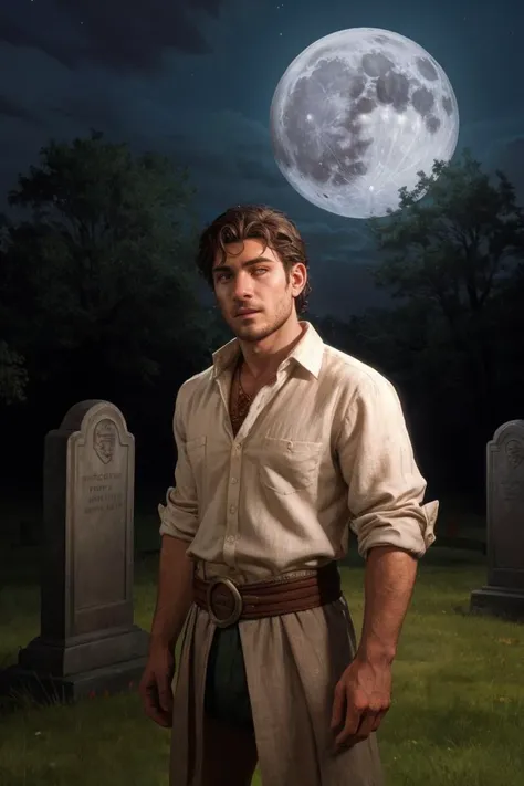 <lora:advdnd2023:0.8> advdnd2023 style portrait of a handsome man wearing a linen shirt in a cemetery during a full moon