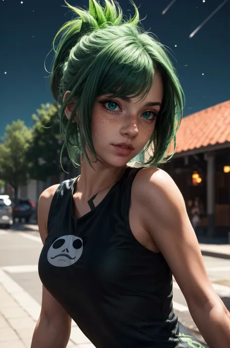 a close up of a person with green hair on a street