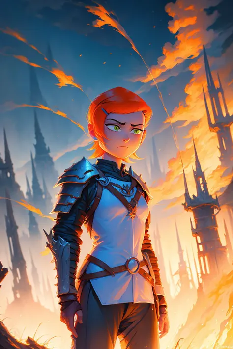 a woman in armor stands in front of a castle with flames