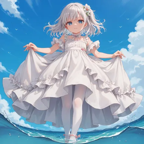 anime girl in white dress standing on a wave in the ocean