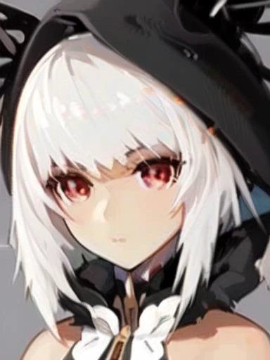 anime girl with white hair and black hat with red eyes