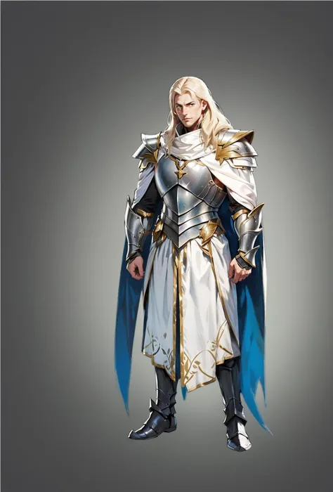 Concept art, hand-drawn drawings, Western costume style, original character design, solo, 1boy, armor, long hair, male focus, blonde hair, gauntlets, standing, full body, gradient, gradient background, white cape, cape, grey background, boots, shoulder arm...