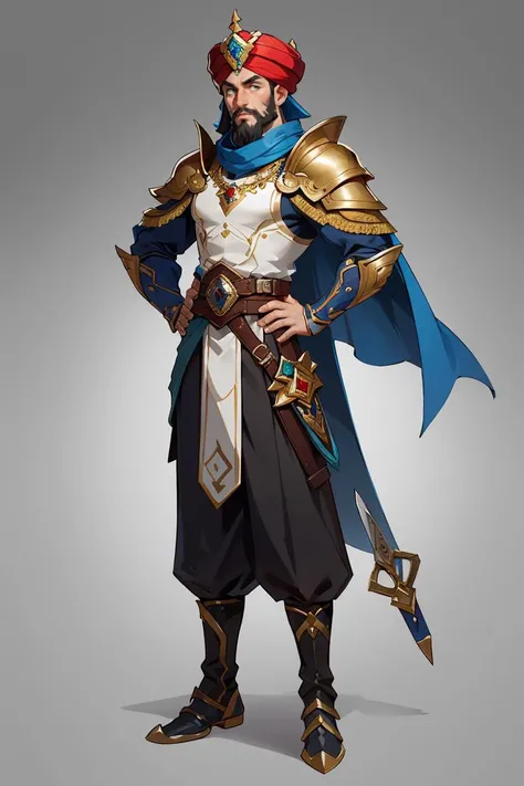 Concept art,hand-drawn drawings,Persian costumes,exotic styles,original character designs,solo,1boy,facial hair,beard,male focus,standing,full body,hands on hips,turban,gradient background,gradient,gem,boots,weapon,simple background,sheath,looking at viewe...