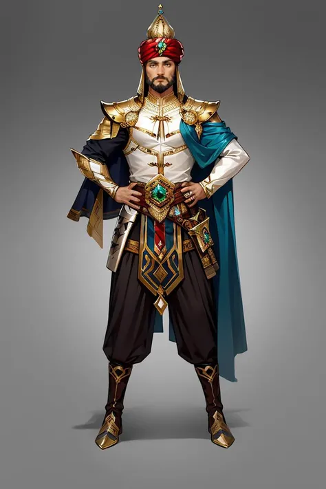 Concept art,hand-drawn drawings,Persian costumes,exotic styles,original character designs,solo,1boy,facial hair,beard,male focus,standing,full body,hands on hips,turban,gradient background,gradient,gem,boots,weapon,simple background,sheath,looking at viewe...