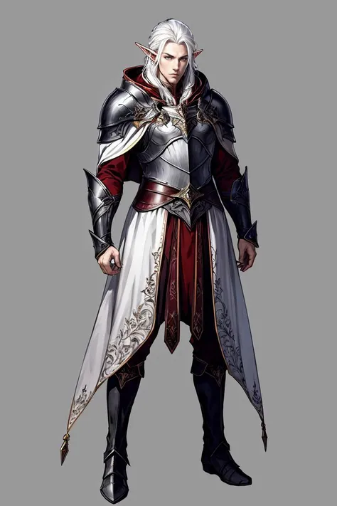 Concept Art, Game Characters, Original Design, European Style, Point Ears, 1boy, Solo, Armor, Male Focus, Standing, Cape, Long Hair, Full Body Elf, White Hair, Gray Background, Boots, Cloak, Simple Background,<lora:Exotic:0.5>,<lora:GoodHands-vanilla:1>,