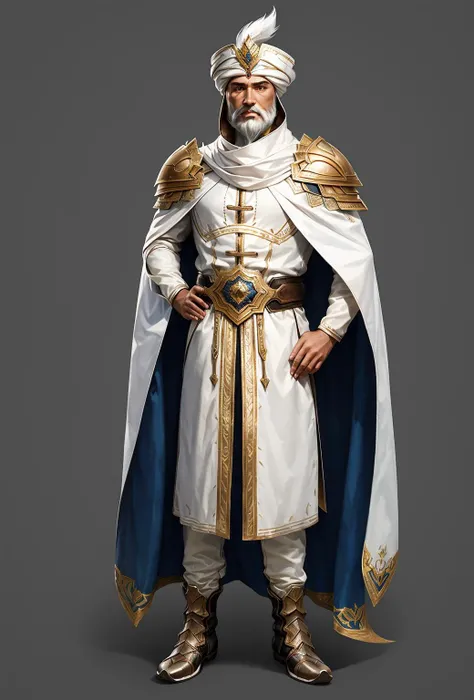 Concept art, hand-drawn drawings, Persian costumes, exotic styles, original character designs, solo, 1boy, male focus, hat, full body, cape, facial hair, standing, boots, armor, simple background, beard, black background, hand on hip, white cape, white hai...