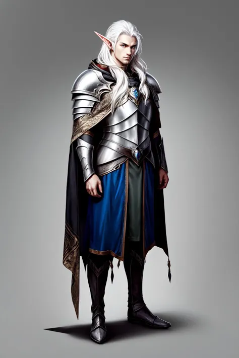 Concept Art, Game Characters, Original Design, European Style, Point Ears, 1boy, Solo, Armor, Male Focus, Standing, Cape, Long Hair, Full Body Elf, White Hair, Gray Background, Boots, Cloak, Simple Background, <lora:Exotic:0.7>