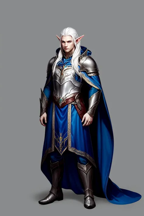 Concept Art, Game Characters, Original Design, European Style, Point Ears, 1boy, Solo, Armor, Male Focus, Standing, Cape, Long Hair, Full Body Elf, White Hair, Gray Background, Boots, Cloak, Simple Background, <lora:Exotic:0.7>