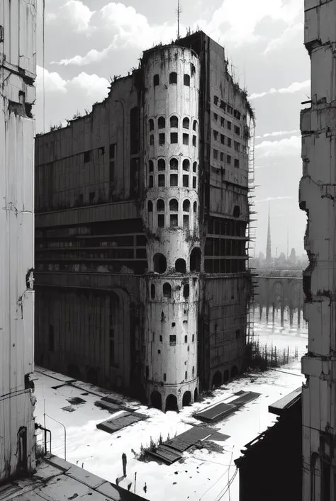 ((masterpiece)), ((best quality))1girl, Empty, ruins, huge scenes, sky, metal, machines, machinery ，Black and white, comic style, shabby landscape, heavy black and white, <lora:Blame!:1>