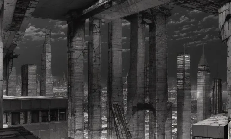 vast scenery, empty, city ruins, cables, tubes, clouds, smoke, megastructures, dystopian minimalistic buildings, (best quality:1.3), monochrome, grayscale, <lora:blame5:1>,  g-pen sketches, rough outline, detailed shadow