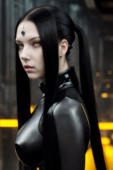 dark colors,RAW photo,realistic,detailed,8k uhd, dslr,sharp,volumetrics dtx,soft lighting,futuristic,pcell, ((pale skin)),(black jewel on forehead), beautiful woman, cyborg head,(lines on cheeks), (yellow eyes), (long eyelashes), latex dress,black hair, lo...