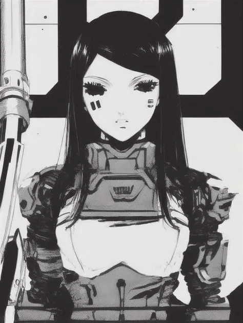 cyborg girl portrait, dim light, ((heavy black and white)), <lora:Blame!:1>