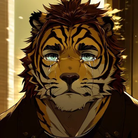 a close up of a tiger with blue eyes and a jacket