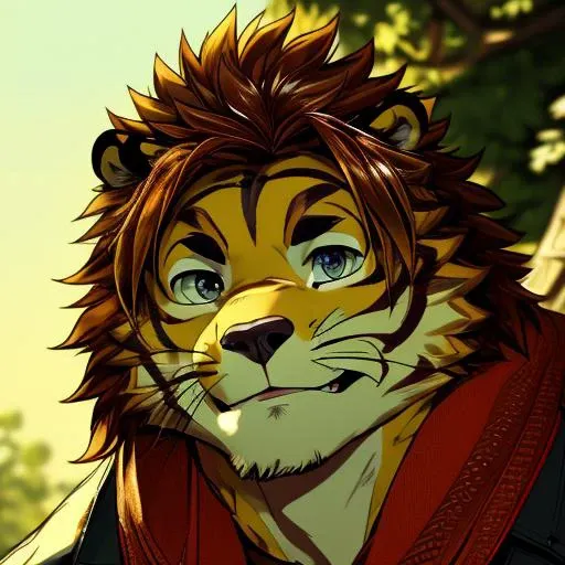 anime character with a lion's head and a red scarf