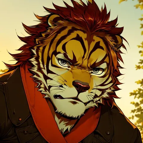 anime tiger with a red scarf and a black jacket