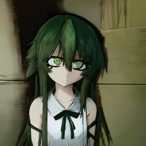 anime girl with green hair and green eyes standing in front of a wall