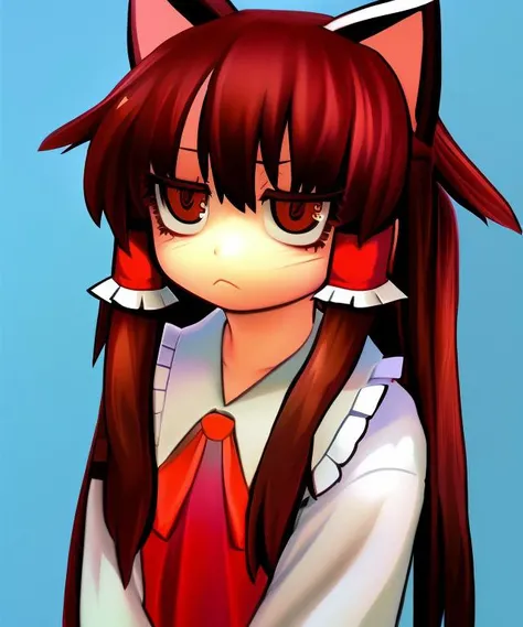 v1v404, 1girl, Reimu Hakurei, eyebags, tired, shaded face, smooth shading, realistic, <lora:v1v404-000030:1>, ice wings, full body, brown eyes, blue background, :<, very long hair, make up, eyelashes, ribbon, hair ribbon, cat girl, petite