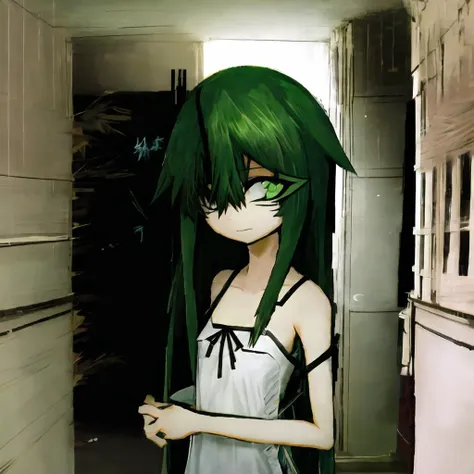 anime girl with green hair and green eyes standing in a hallway