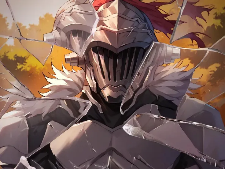 anime character with armor and a red headpiece standing in front of a tree